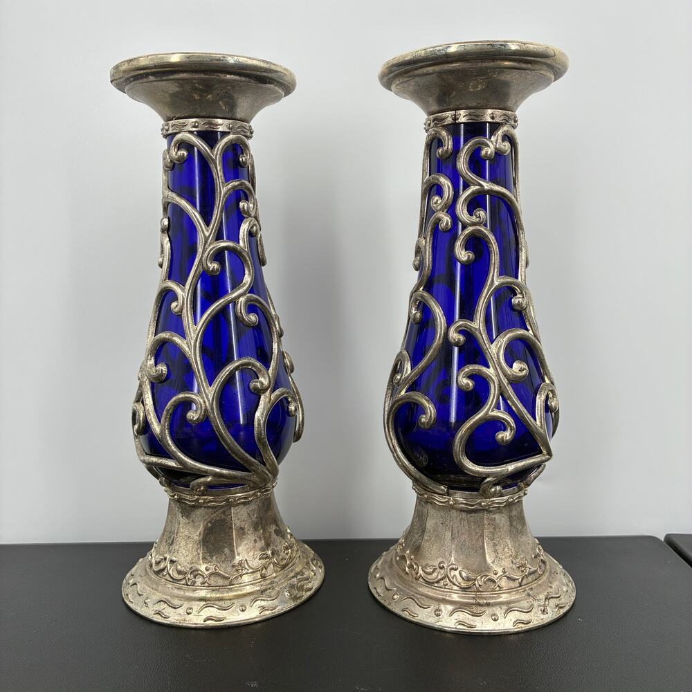 Cobalt Blue Glass Silver Metal Filigree Candlestick Holders Pair 10 Inch